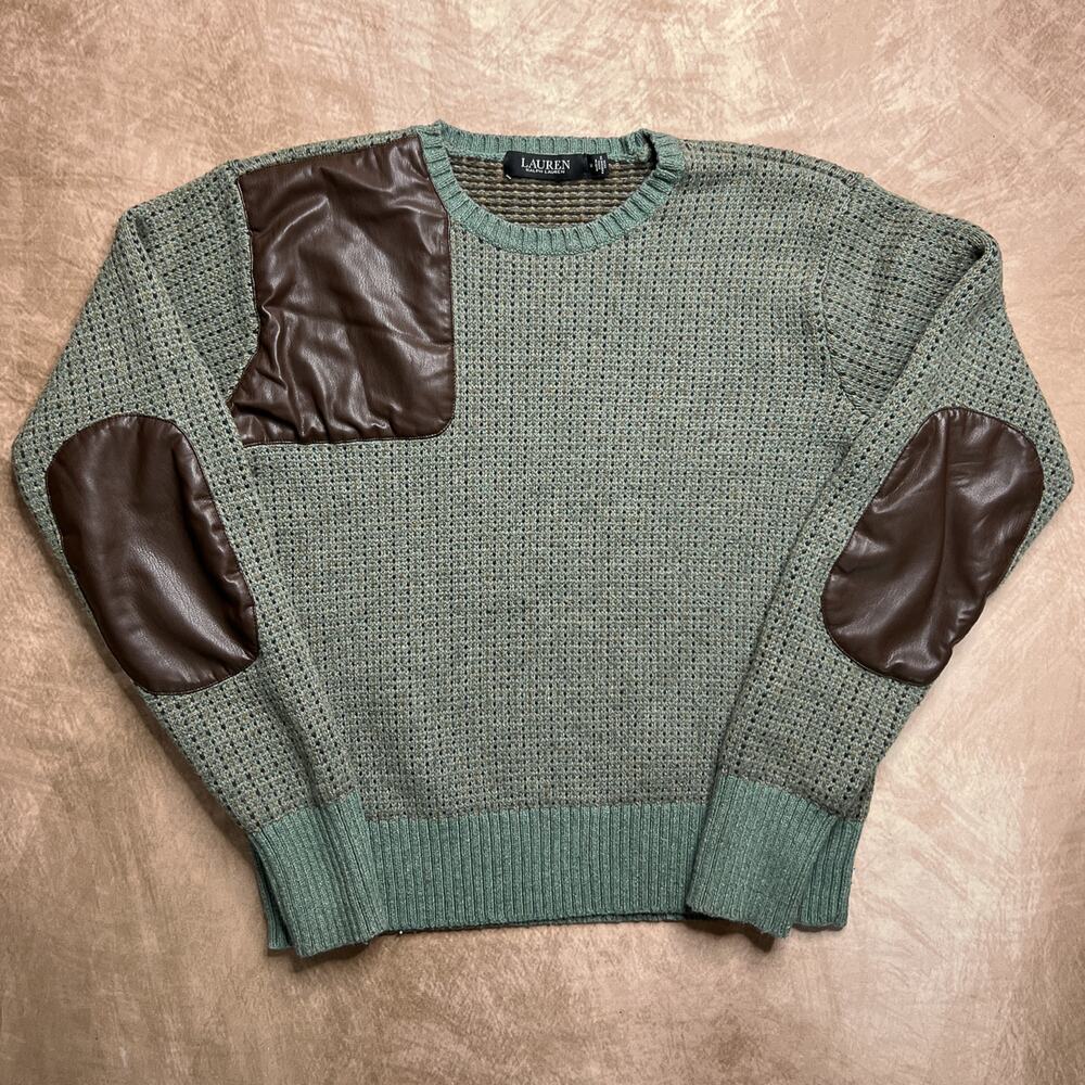 Lauren Ralph Lauren Black Label Faux Leather Patchwork Knit Sweater Green Preppy